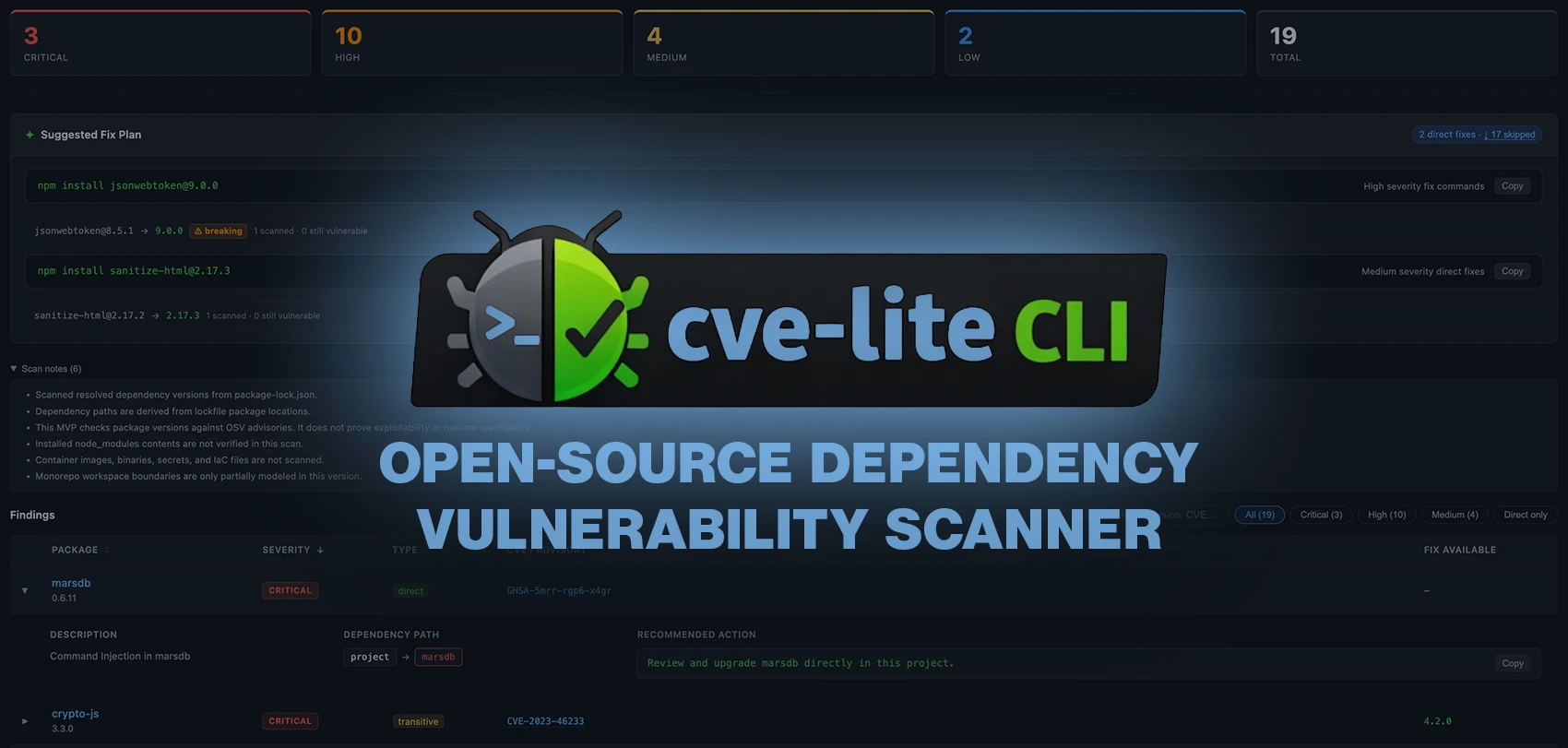 CVE Lite CLI: Open-source dependency vulnerability scanner